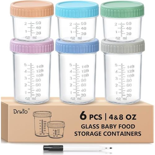 DRKIO 6 Pack Glass Baby Food Storage Containers - 4 & 8 oz Baby Food Jars with Lids Baby Food Maker Microwave Dishwasher Freezer Safe 100% Leak Proof BPA Free Reusable