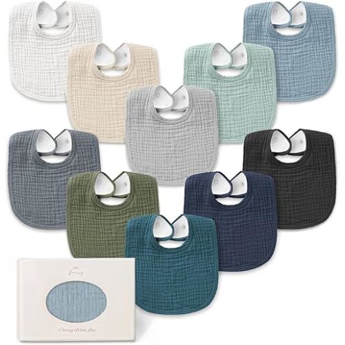 Konssy 10-Pack Muslin Baby Bibs, Soft Cotton Bandana Bibs for Drooling & Teething, Unisex Solid Colors for Boys & Girls, Newborn & Infant