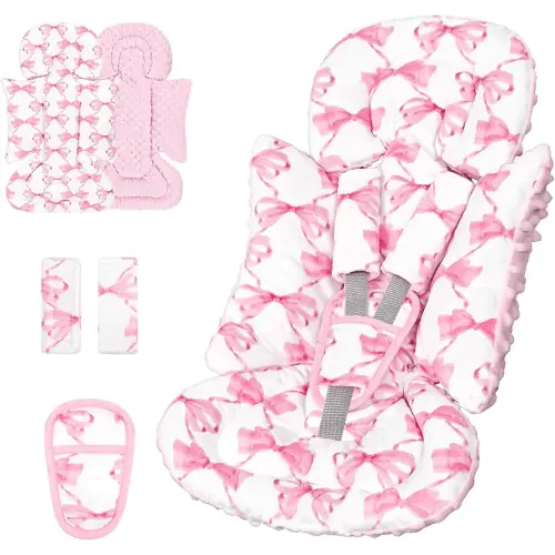 Infant Car Seat Insert, Soft Baby Car Seat Head & Body Support for Girl Boy, Reversible Newborn Preemie Carseat Insert Cushion with 3 Straps Pads, Fits Car Seat, Stroller, Swing, Bouncer, Pink Bow