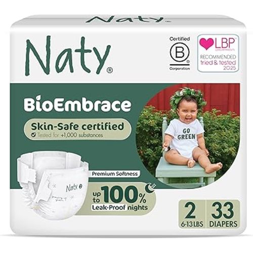 Naty BioEmbrace Baby Newborn Diapers | Sensitive Skin Safe Certified | Leak Protection up to 100% | Plant-Based Teddy Softness, Premium Comfort | Chlorine-Free | Size 2 (6–13 lbs), 33 Count