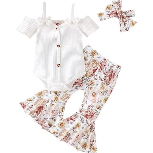 Fernvia Infant Baby Girl Clothes Suspenders Short Sleeve Ribbed Romper Flared Pants Set Headband 3pcs Summer Outfit