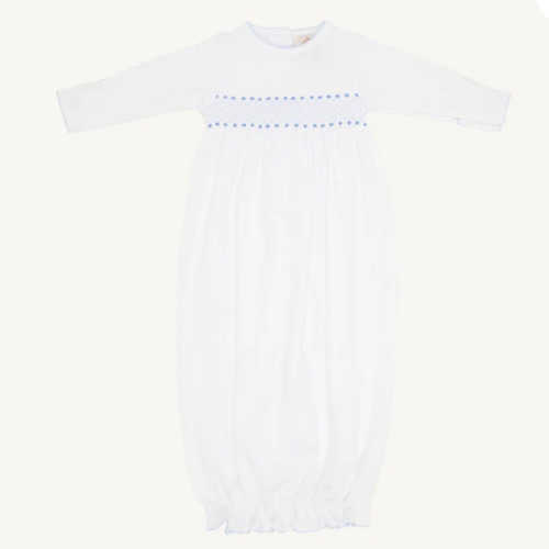 Sweetly Smocked Greeting Gown - Worth Avenue White with Buckhead Blue