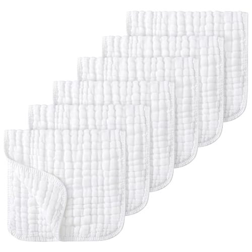 Looxii Muslin Burp Cloths 6 Pack - 20" x 10" - Ultra Soft & Absorbent, 6-Layer 100% Cotton for Spit Up & Drool- Gentle Baby Burping Cloth, Newborn Essentials, White | 100% Cotton, Muslin Cloths, Large, 20''x10'', Absorbent, 6 Pack, Pure White