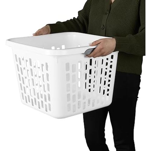 1.5 Bushel Square Plastic Laundry Basket with 2 Comfort Grip Handles (White)