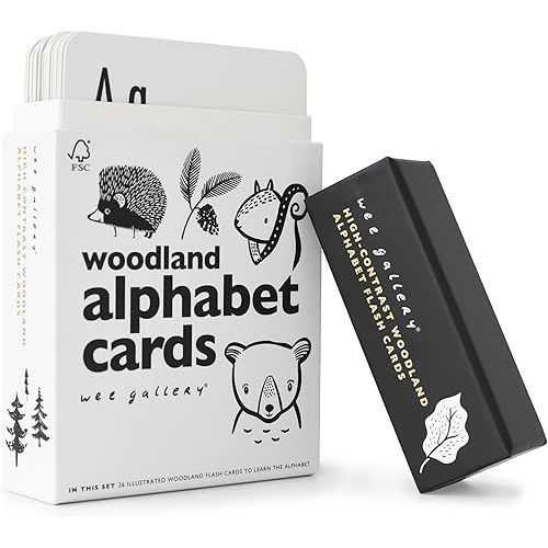Wee Gallery Educational Flashcards for Babies, Double Sided Black and White Learning Flash cards, Woodland Animal Alphabet Cards for Visual Stimulation and Cognitive Development of Toddlers