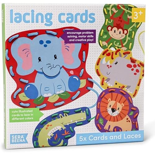 Serabeena Safari Kids Lacing Cards - Colorful Lacing Cards for Kids Ages 3-5 Plus - Lace Up Sewing Cards - Develops Hand-Eye Coordination & Fine Motor Skills - 5 Sewing Animals for Kids with Laces