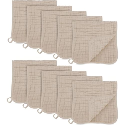 Muslin Burp Cloths, 10 Pack - Large 20" X10" - Ultra Absorbent and Soft 100% Cotton Baby Essentials Drool Rags and Messes for Newborn - Colorful Designs for Boy Girl, Sand