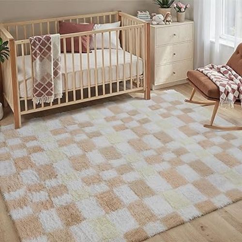 5x8 Checkered Fluffy Area Rug for Living Room Bedroom Beige Kids Room Carpet High Pile Washable Non-Slip Tapis Salon Soft Floor Shag Rug for Nursery Large Modern Neutral Thick Plush Fuzzy