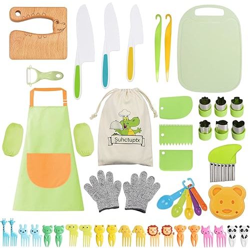 50PCS Kids Kitchen Cooking Set - Crocodile Wooden Kid Safe Knife Cutting Board Apron Gloves Fruit Vegetable Crinkle Cutters Peeler Serrated Edges Plastic Toddlers Knives, Kids Knifes for Real Cooking
