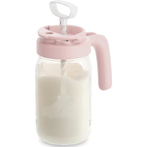Papablic Glass Formula Mixing Pitcher, Breastmilk Pitcher with Mixing Handle Lid, 32 Oz Wide Mouth Mason Jar Mixer with Flip Locking Spout, Easy to Clean, BPA Free, Pink
