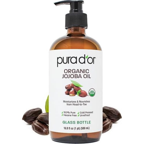 PURA D'OR ORGANIC Jojoba Oil (16.9 Oz GLASS BOTTLE) USDA Certified - 100% Pure & Natural