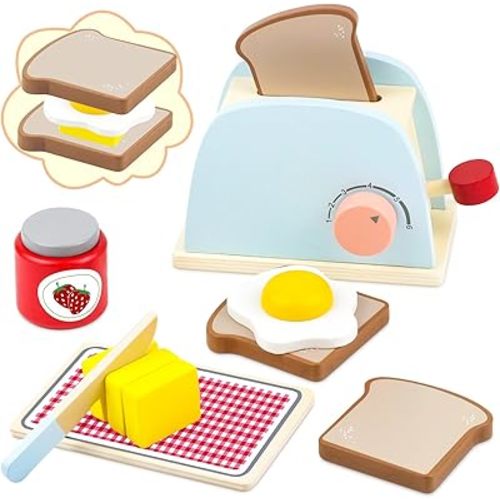 Airlab Play Kitchen Accessories Toddlers 1-3 Wooden Pop-up Toaster Toy Play Food Kids Age 1 2 3, Bread, Butter, Poached Egg Cutting Pretend Toys for 2-4 Year Old Toddlers Boys Girls