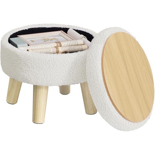 SONGMICS Storage Ottoman, Foot Stool, Round Ottoman with Padded Seat, Foot Rest with Wood Legs, Small Table, for Hallway, Living Room, 12.2 Inches, Teddy Fleece, White ULOM515WD01