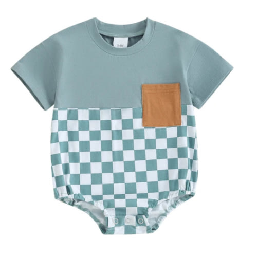 OLIVER Checkered Short-Sleeve Onesie - Hazel & Bo