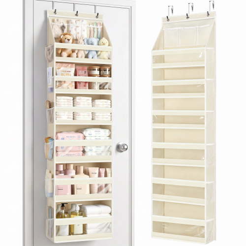 Over The Door Organizer Storage, 6 Shelf Hanging Door Organizer with 12 Side Mesh Pockets, Anti Tilt 44 lb Load Behind Door Storage for Bedroom, Bathroom, Pantry, Nursery (Beige)