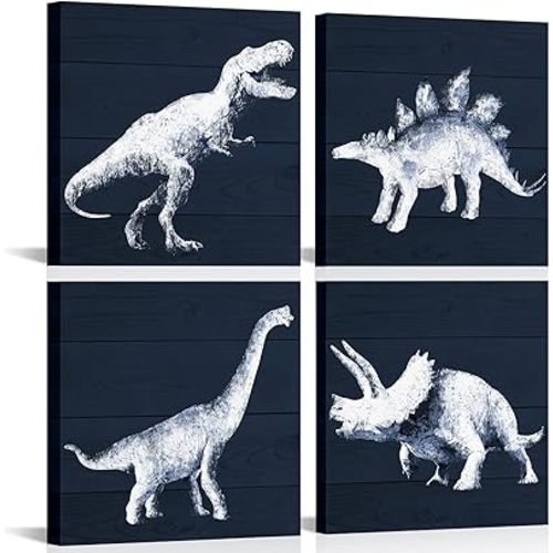 HOMEOART Dinosaur Boys Room Decor - Navy Blue Dinosaur Poster Wall Art, 12x12inch, 4 Panels, Framed, Ready to Hang