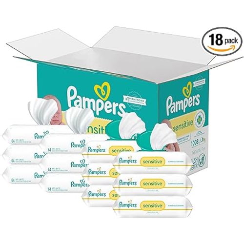Pampers Sensitive Baby Wipes, Water Based, Hypoallergenic and Unscented, 18 Flip-Top Packs (1008 Wipes Total) [Packaging May Vary]