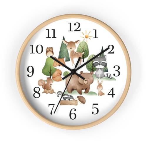 Woodland Animals clock, Woodland Nursery Decor, Kids wall clock, Baby boy nursery decor, Wooden Frame, Silent wall clock. Forest clock - TiW