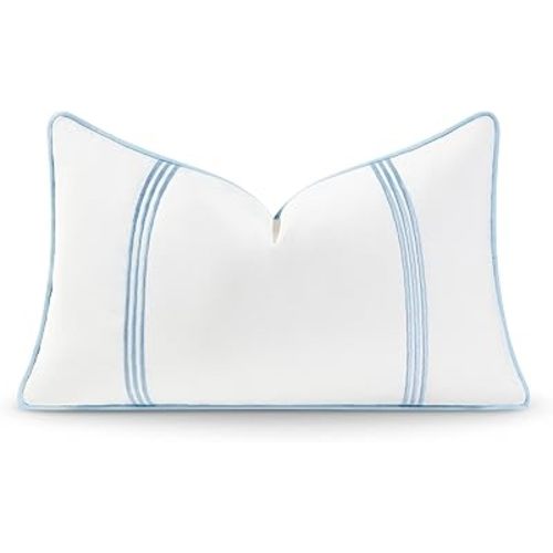 Hofdeco Premium Coastal Hampton Style Patio Indoor Outdoor Lumbar Pillow Cover Only, 12"x20" Water Resistant for Backyard, Couch, Baby Blue Embroidered Vertical Line