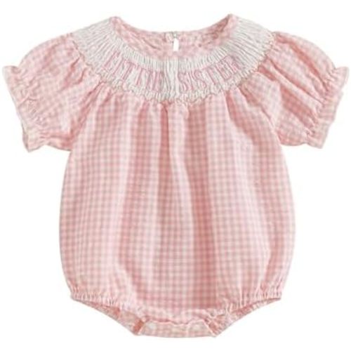 FIOMVA Toddler Baby Girl Clothes Summer Smocked Bubble Romper Embroidery Onesie Short Sleeve Bodysuit Cute Outfits