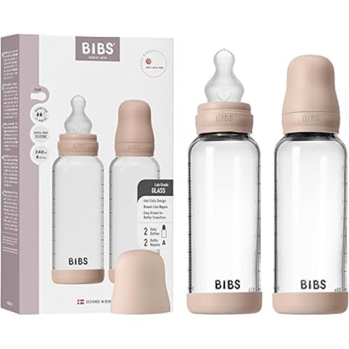 BIBS Glass Baby Bottles 2-Pack, 8.1 Oz. Anti-Colic System for Gas Reduction. Vented Round Silicone Nipple. Supports Infant and Newborn Breastfeeding - 240 ml (Pack of 2), Blush