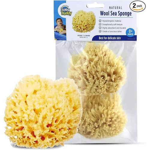 Baby Buddy Natural Wool Sea Sponge, Newborn Bath Time Essential, Ultra Soft for Delicate Skin, Hypoallergenic and Biodegradable, 2 Pack