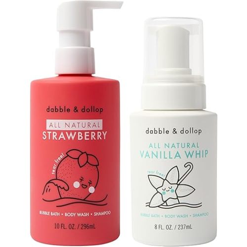 Dabble & Dollop Strawberry + Vanilla Kids 3-in-1 Body Wash, Shampoo & Bubble Bath Bundle – Gel + Foam Whip, Tear-Free, Gentle, Natural-Origin, Hypoallergenic and Safe for Sensitive Skin (Pack of 2)