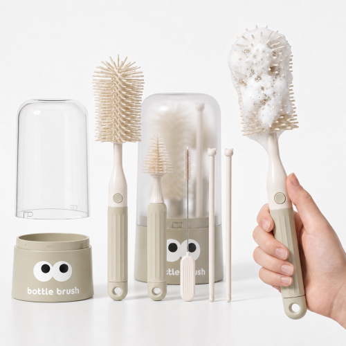 ZNQPLF Bottle Brush, 5-in-1 Baby Bottle Brush Set with Dust-Proof Storage Can, Silicone Bottle Brush Cleaner for Bottles Nipples Straws, Portable Baby Bottle Cleaning Kit, Beige Coffee