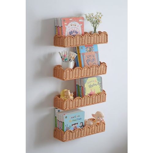 Nursery Book Shelves Set of 4, Metal & Plastic Artificial Rattan Scalloped Book Shelf 15.8", Cute Floating Bookshelf for Kids Bedroom Farmhouse Decor