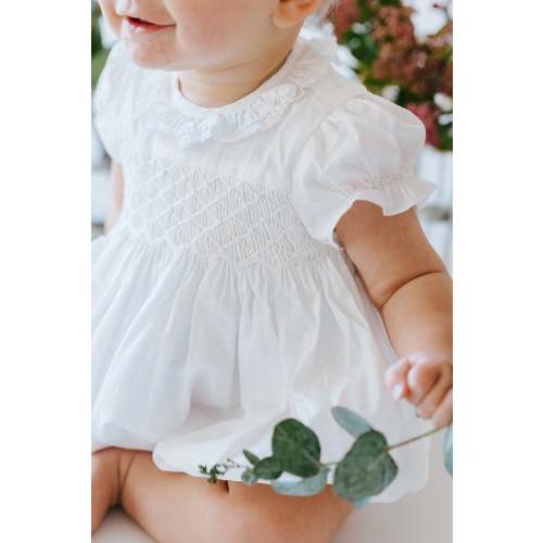 Antoinette Ceremony White Smocked Baby Bubble | Over The Moon