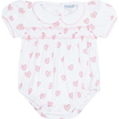 Pink Heart Print Smocked Bubble - Baby, 0-3M