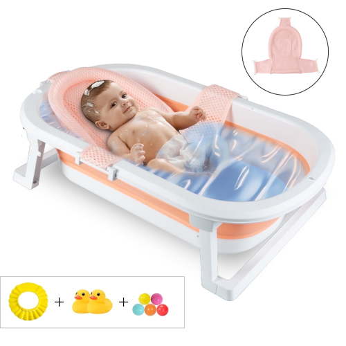 Buric Foldable Baby Bathtub, Newborn Shower Bathtub + Bath Net + Bath Toys, Portable Baby Folding Bathtub for 0-6 years ，Pink