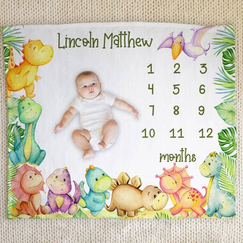 Baby Boy Dinosaur Milestone Blanket, Personalized T-Rex Milestone Blanket, Name Dino Blanket, Month to Month Baby Growth, Baby Month Blanket