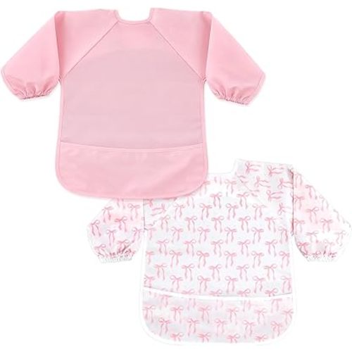 2 Pack Long Sleeve Baby Bib with Pink Bow Print Waterproof & Easy Wipe Smock Bib Coverall Baby Feeding Bibs for Eating, Mess-Proof Feeding Essentials, Newborn Shower Gift (6-12 M)