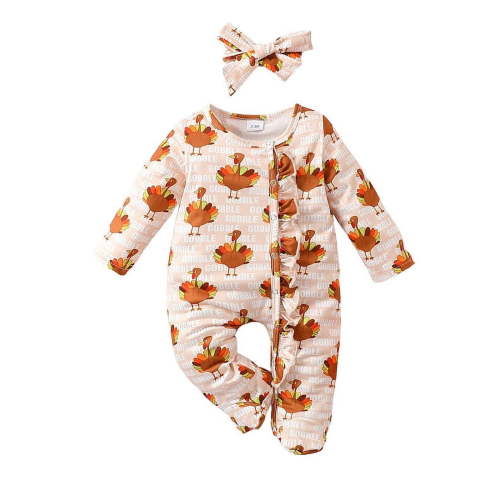 Infant Newborn Baby Girl Clothes Onesies Long Sleeve Ruffle Baby Footed Clothes with Turkey Pattern Printed Baby Clothes for Girls