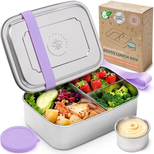 Everusely - Bento Box - Lavender, 47oz / 1.4 L - Stainless Steel Lunch Box with Leakproof Condiment Container - 3 Compartment Snack Organizer for On the Go Meals - Freezer & Dishwasher Safe