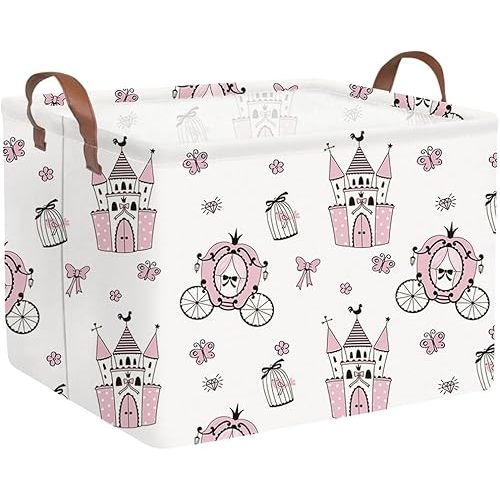 Rectangular castle Storage Basket,Kids Dirty Clothes Hamper,Waterproof canvas storage basket,Books Box,Girls Room decor(Pink Princess)
