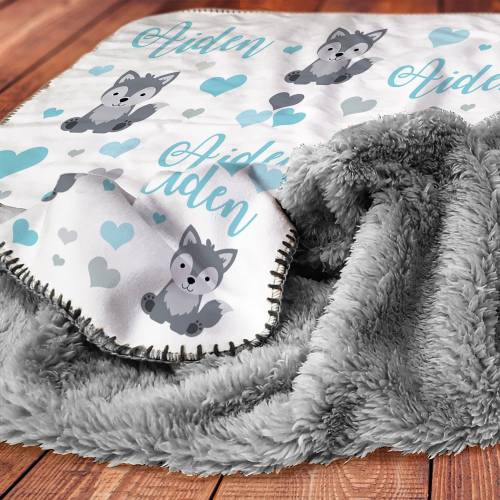 Personalized wolf baby name blanket, hearts and wolves baby gift, newborn sherpa wolf blanket, gray, white or tan sherpa (CHOOSE COLORS)