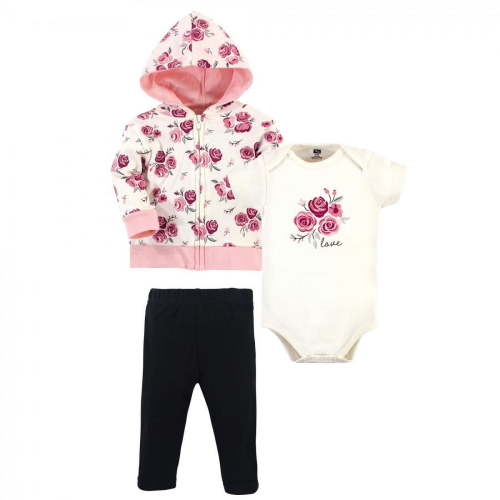 Hudson Baby Infant and Toddler Girl Cotton Hoodie, Bodysuit or Tee Top and Pant Set, Rose Baby, 0-3 Months