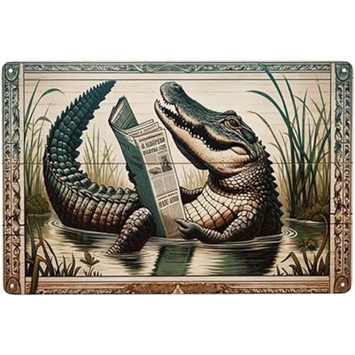 Swamp News Alligator Metal signs Wall Art decor - Vintage Tin Sign for Home Decor, Indoor Outdoor Antique Style Plaque,for Farmhouse, Garden, Man Cave, and Bar Décor 12x16inch