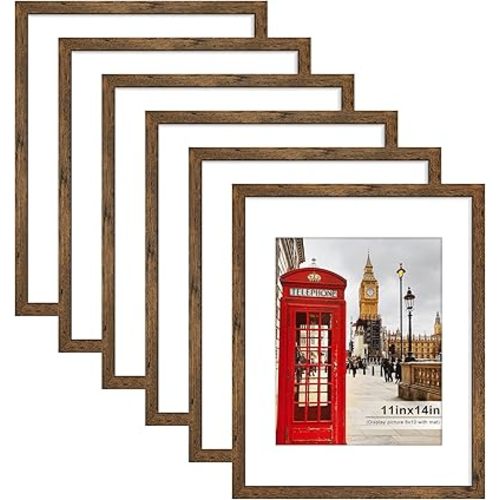PEALSN 11x14 Picture Frame Set of 6, Display Pictures 8x10 with Mat or 11x14 without Mat for Wall Mounting or Table Top Display, Photo Frames Collage for Wall Decor, Rustic Brown