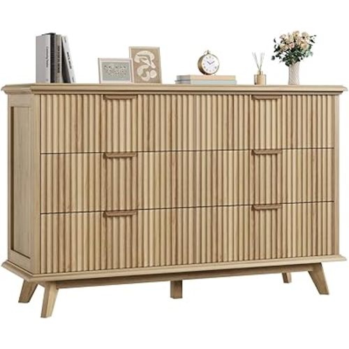 QUW Fluted Dresser for Bedroom with 6 Drawers, 47.2" Wide Modern Chest of Drawers with Metal Handle, Wooden Dresser TV Stand and Closet Clothes Storage Organizer for Living Room, Hallway, Natural Oak