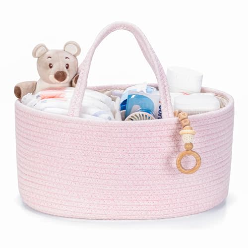 Kodomoore Diaper Caddy Organizer, Baby Storage Basket, Nursery Bin and Car Organizer for Diapers, Gift Basket for Baby Shower List or Newborn Essentials, Boys and Girls - Pink