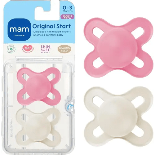 MAM Original Start Matte Baby Pacifiers, Binky for 0-3 Months, BPA-Free Silicone Nipple, Easy to Clean, Best for Newborn Babies, Developed with Medical Experts, 2 Count Binkies with Sterilizer Case