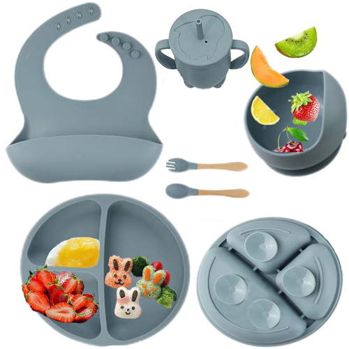 Baby Feeding Set,6 Piece，Baby Led Weaning Supplies with Suction Bowl Divided Plate, Toddler Self Feeding Dish Set with Spoons Forks Sippy Cup Adjustable Bib, Eating Utensils for 6+ Months