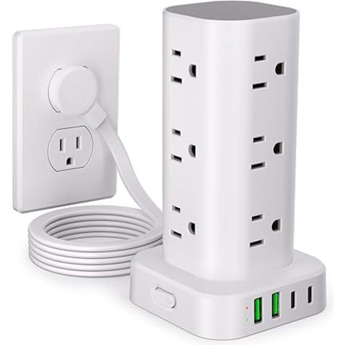 Power Strip Tower with Multiple Outlets, Flat Plug Surge Protector Tower Extension Cord with 12 AC Outlets 4 USB Ports (2 USB C), 6FT Cord Power Tower Surge Protector for Home Office Dorm Room, White