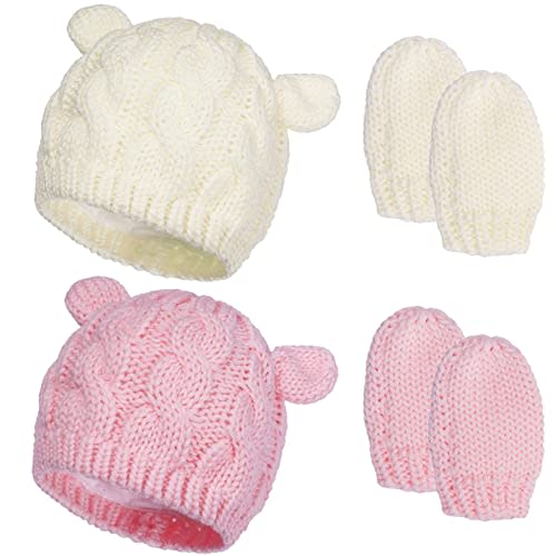 2 Set Newborn Winter Beanie Hats Gloves Kit for Baby Girls Boys Infant Toddler Warm Knitted Hats Glove Autumn Spring