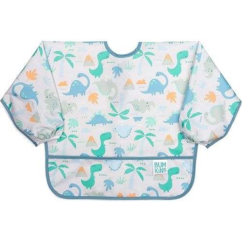 Bumkins Sleeved Bib for Girl or Boy, Baby and Toddler for 6-24 Mos, Essential Must Have for Eating, Feeding, Baby Led Weaning Supplies, Long Sleeve Mess Saving Food Catcher, Fabric, Dinosaur Gray