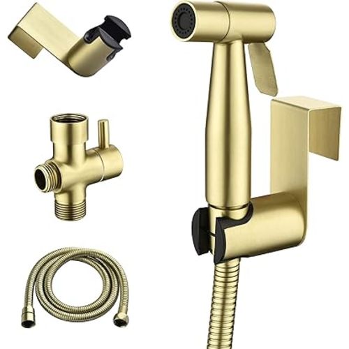 SHAMANDA Handheld Bidet Sprayer for Toilet, Stainless Steel Baby Cloth Diaper Sprayer Kit, Bathroom Toilet Bidet Attachment Set for Bathing Pets Feminine Hygiene, Brushed Gold BDS01-3