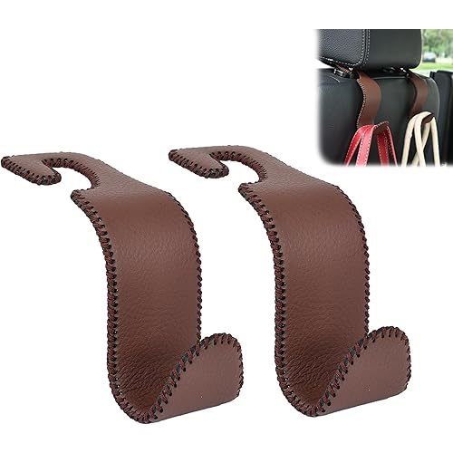 Amooca Car Seat Headrest Hook Universal Vehicle Storage Hanger Leather with Metal Car Seat Back Organizer for Handbag Purse Coat Beige 2 Pack